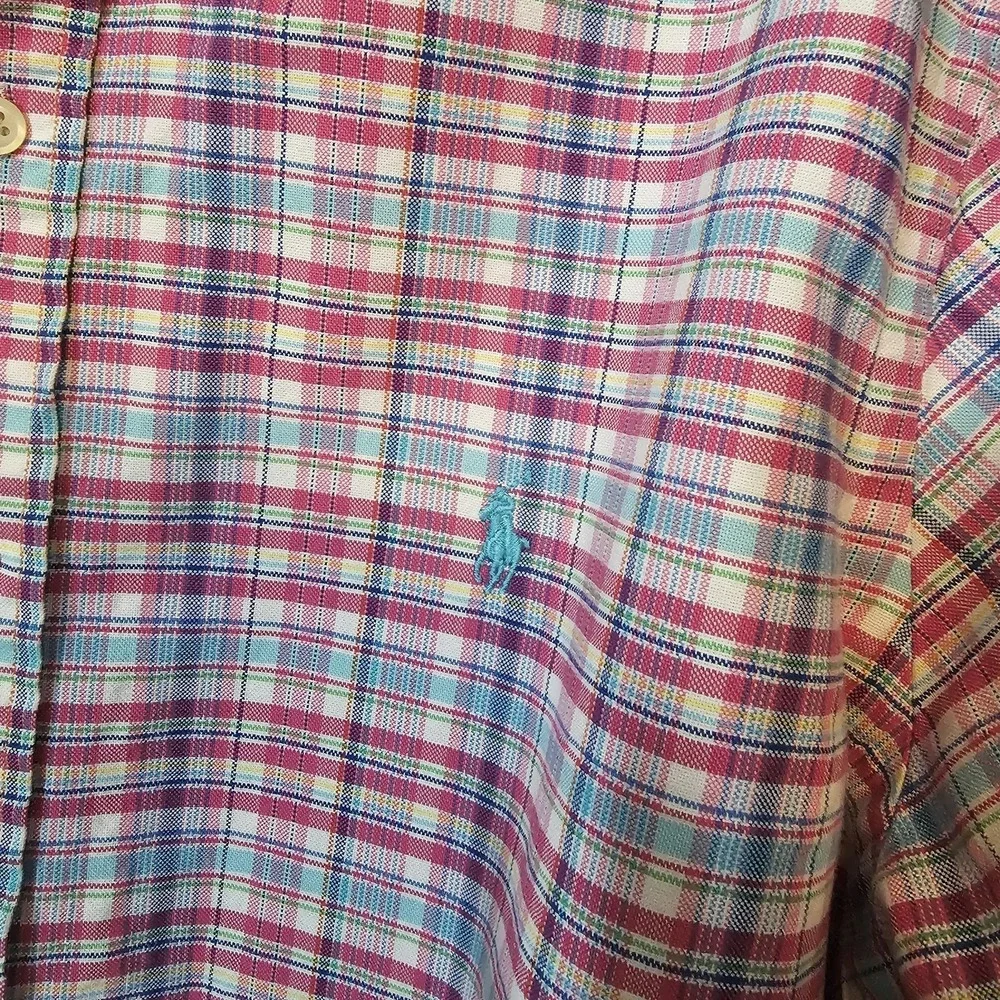 Ralph Lauren Blue and Pink Plaid‎ Longsleeve Button Front Polo Men's Size Large